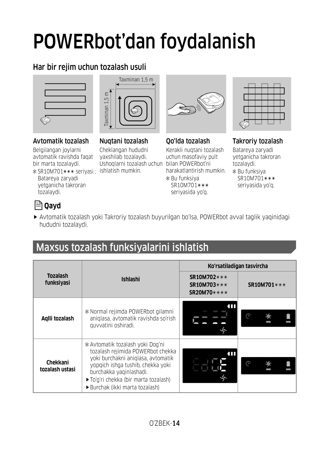 Samsung VR10M7030WW/EV manual ‘ZBEK-14, Ishlashi SR10M702, SR10M703 SR10M701 SR20M70 Normal rejimda POWERbot gilamni 