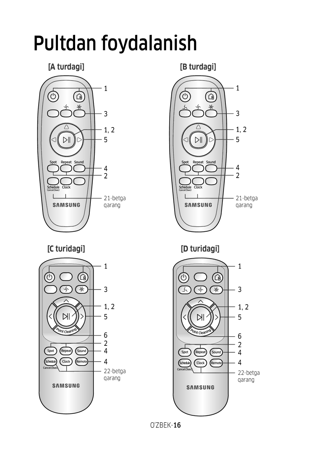 Samsung VR20M7050US/EV, VR20M7070WS/EV, VR10M7010UW/EV, VR10M7030WW/EV, VR10M7030WG/EV, VR20M7070WD/EV ‘ZBEK-16, Betga qarang 