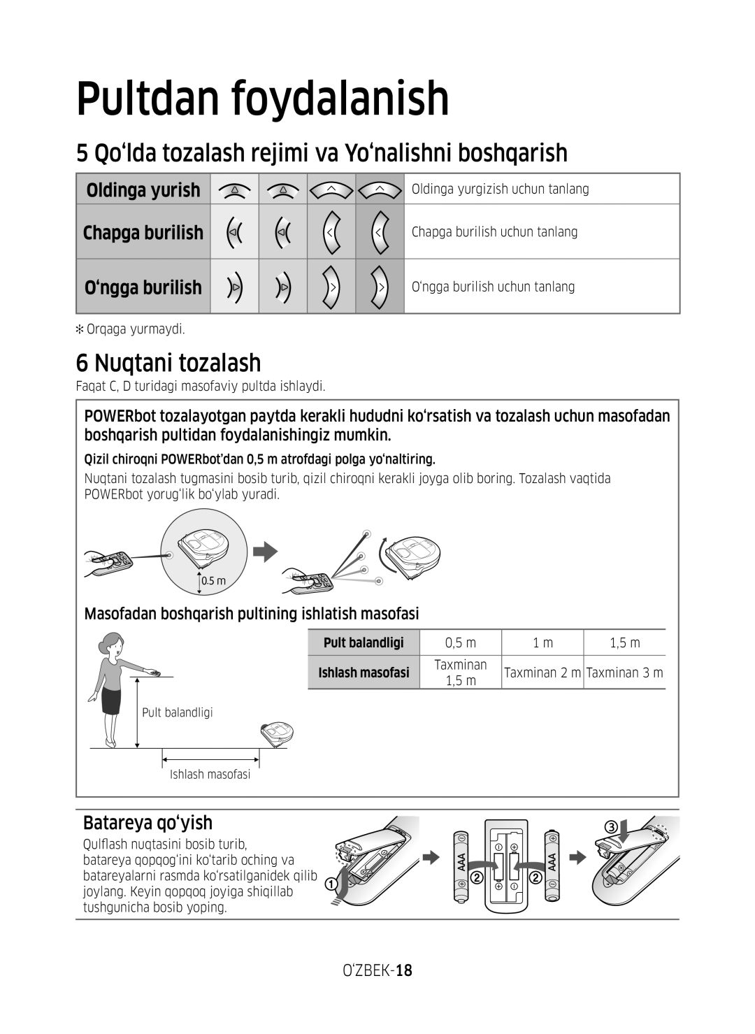 Samsung VR20M7070WS/EV, VR10M7010UW/EV, VR10M7030WW/EV manual ‘ngga burilish, Chapga burilish, ‘ZBEK-18, Pult balandligi 