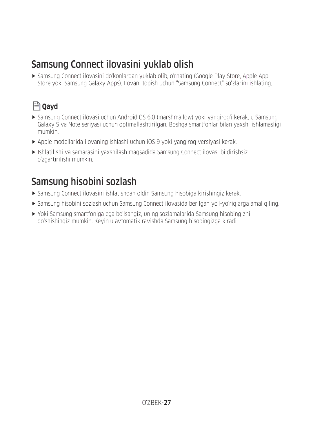 Samsung VR10M7030WG/EV, VR20M7070WS/EV, VR10M7010UW/EV, VR10M7030WW/EV manual Samsung Connect ilovasini yuklab olish, ‘ZBEK-27 