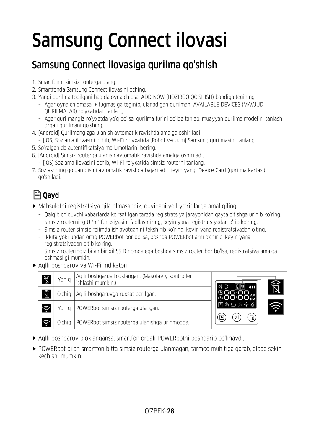 Samsung VR20M7050US/EV, VR20M7070WS/EV, VR10M7010UW/EV, VR10M7030WW/EV Samsung Connect ilovasiga qurilma qo‘shish, ‘ZBEK-28 