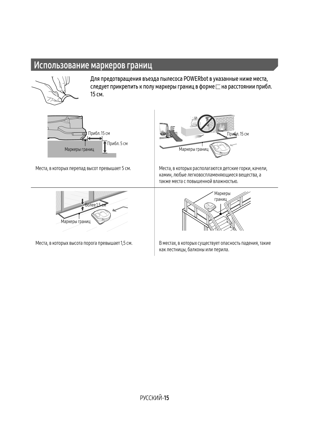 Samsung VR10M7030WG/EV manual Использование маркеров границ, РУССКИЙ-15, Места, в которых перепад высот превышает 5 см 