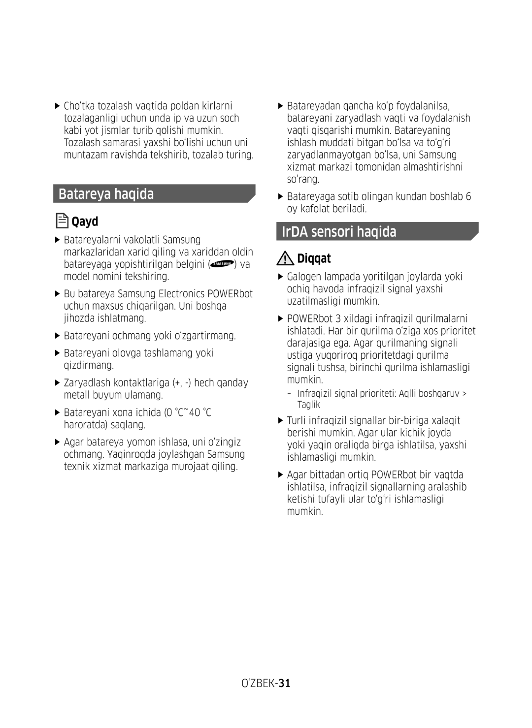 Samsung VR10M7010UW/EV, VR20M7070WS/EV, VR10M7030WW/EV manual ‘ZBEK-31, Infraqizil signal prioriteti Aqlli boshqaruv Taglik 