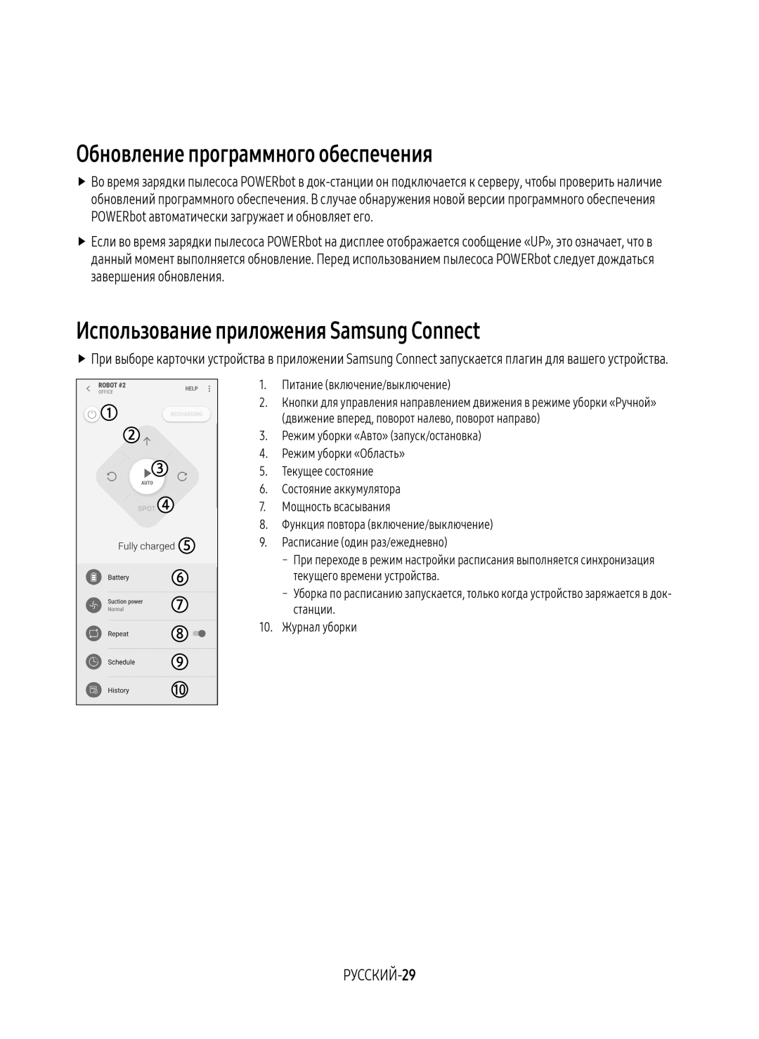 Samsung VR20M7070WD/EV manual Обновление программного обеспечения, Использование приложения Samsung Connect, РУССКИЙ-29 