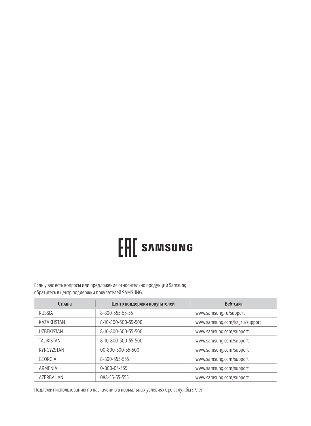 Samsung VR20M7050US/EV Страна Центр поддержки покупателей Веб-сайт, 10-800-500-55-500, 00-800-500-55-500, 800-555-555 