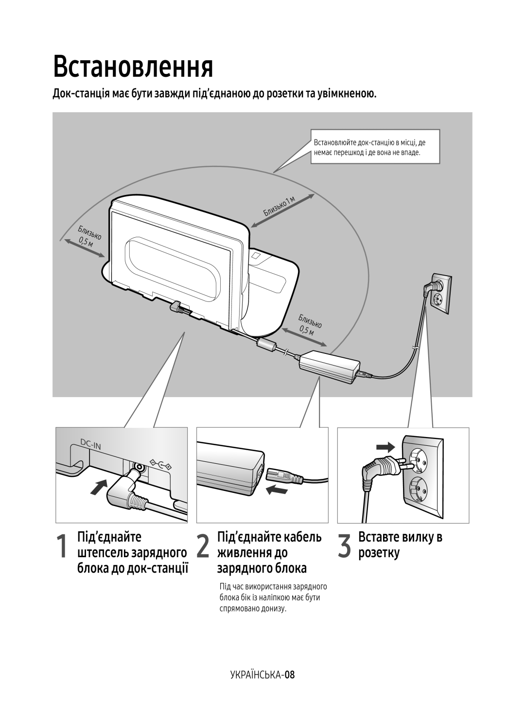 Samsung VR20M7070WS/EV manual Встановлення, Зарядного блока, Штепсель зарядного, Блока до док-станції, УКРАЇНСЬКА-08 