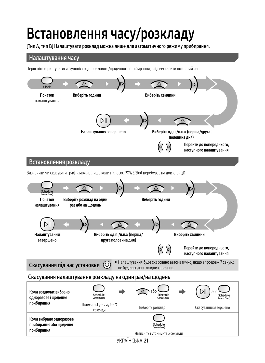 Samsung VR10M7010UW/EV, VR20M7070WS/EV Встановлення часу/розкладу, Налаштування часу, Встановлення розкладу, УКРАЇНСЬКА-21 