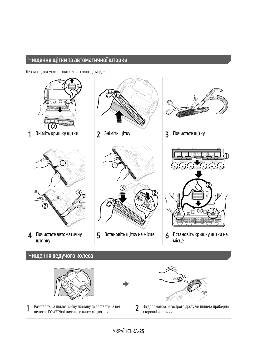 Samsung VR20M7070WD/EV manual Чищення щітки та автоматичної шторки, Зніміть кришку щітки Зніміть щітку Почистьте щітку 