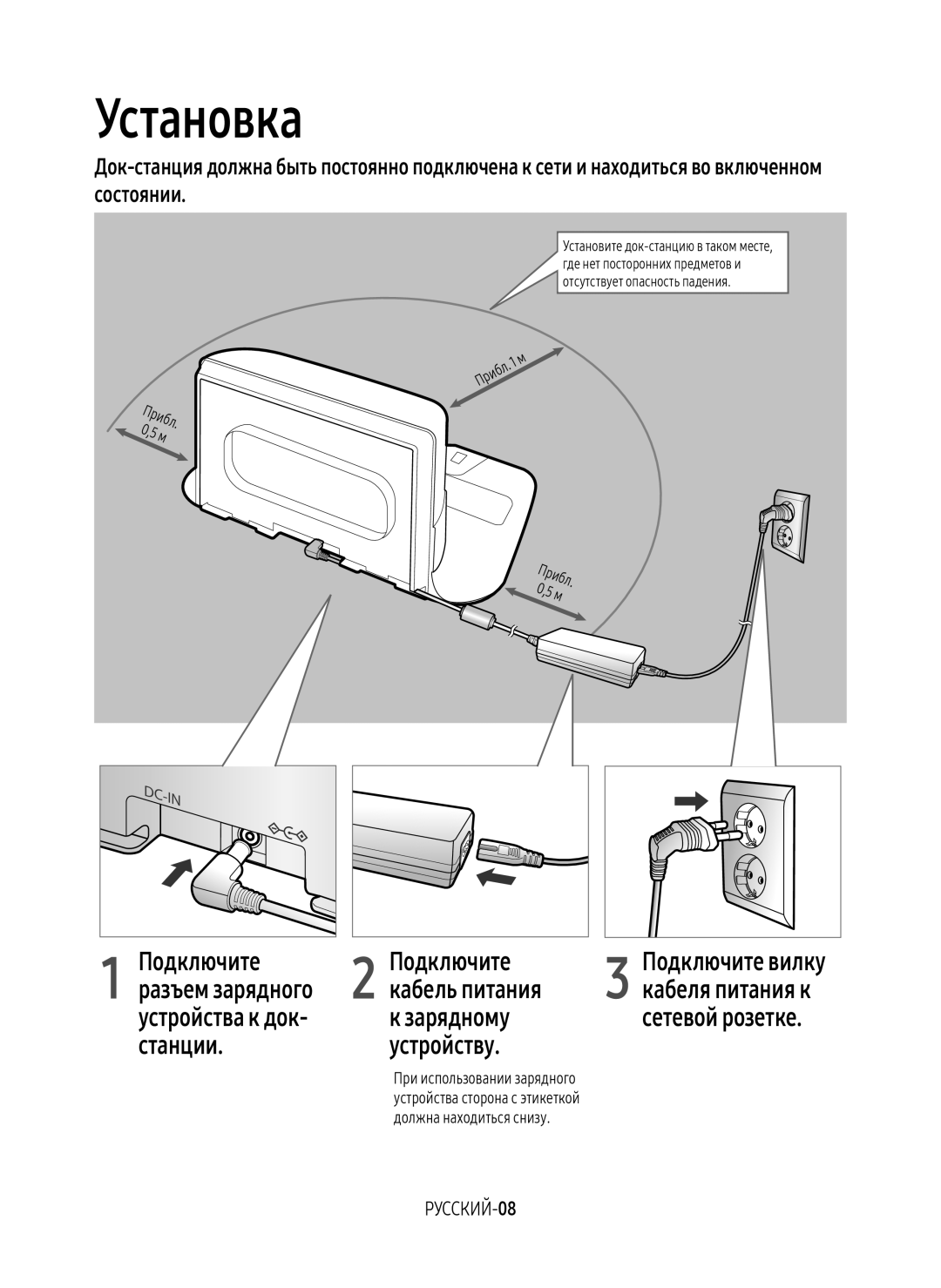 Samsung VR10M7030WW/EV, VR20M7070WS/EV, VR10M7010UW/EV manual Установка, Кабель питания, РУССКИЙ-08, Подключите вилку 