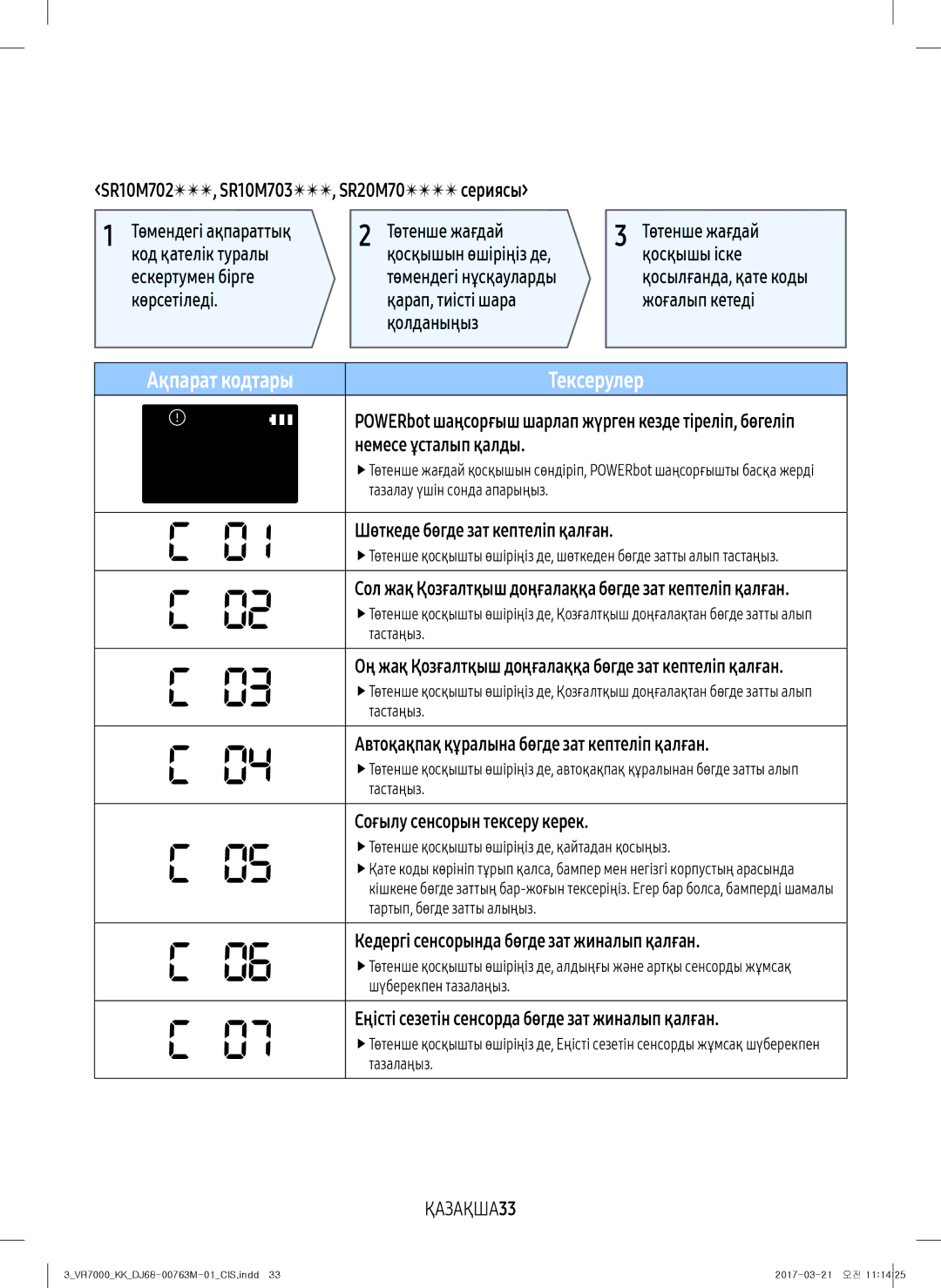 Samsung VR20M7070WD/EV, VR20M7070WS/EV, VR10M7010UW/EV manual Код қателік туралы, Ескертумен бірге, Көрсетіледі, ҚАЗАҚША33 