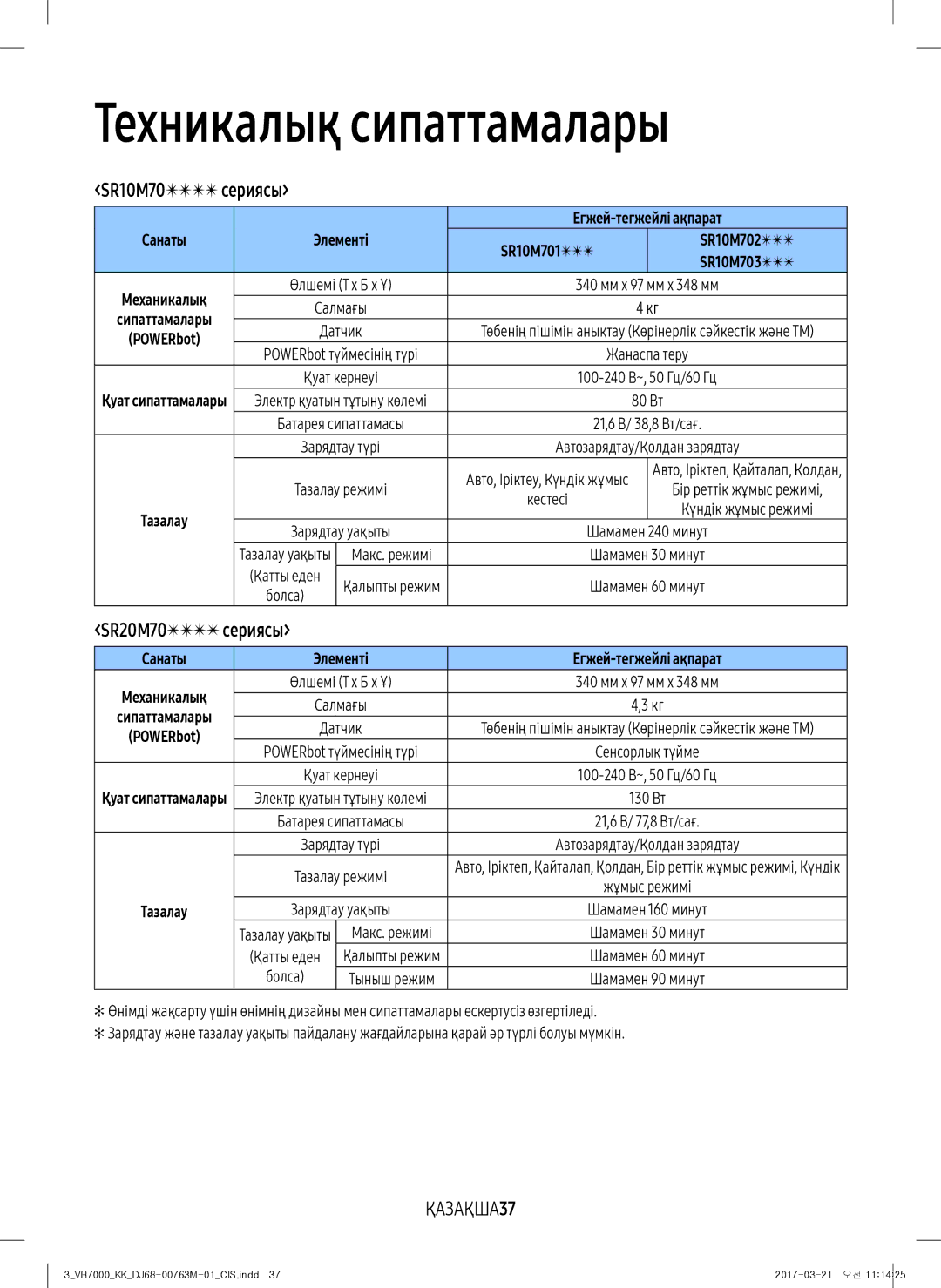 Samsung VR10M7030WG/EV, VR20M7070WS/EV, VR10M7010UW/EV, VR10M7030WW/EV Техникалық сипаттамалары, SR10M70 сериясы, ҚАЗАҚША37 