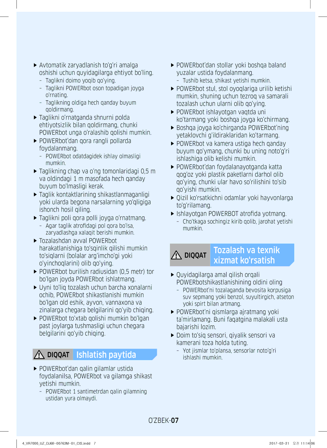 Samsung VR10M7010UW/EV manual ‘ZBEK-07, POWERbot odatdagidek ishlay olmasligi mumkin, Tushib ketsa, shikast yetishi mumkin 