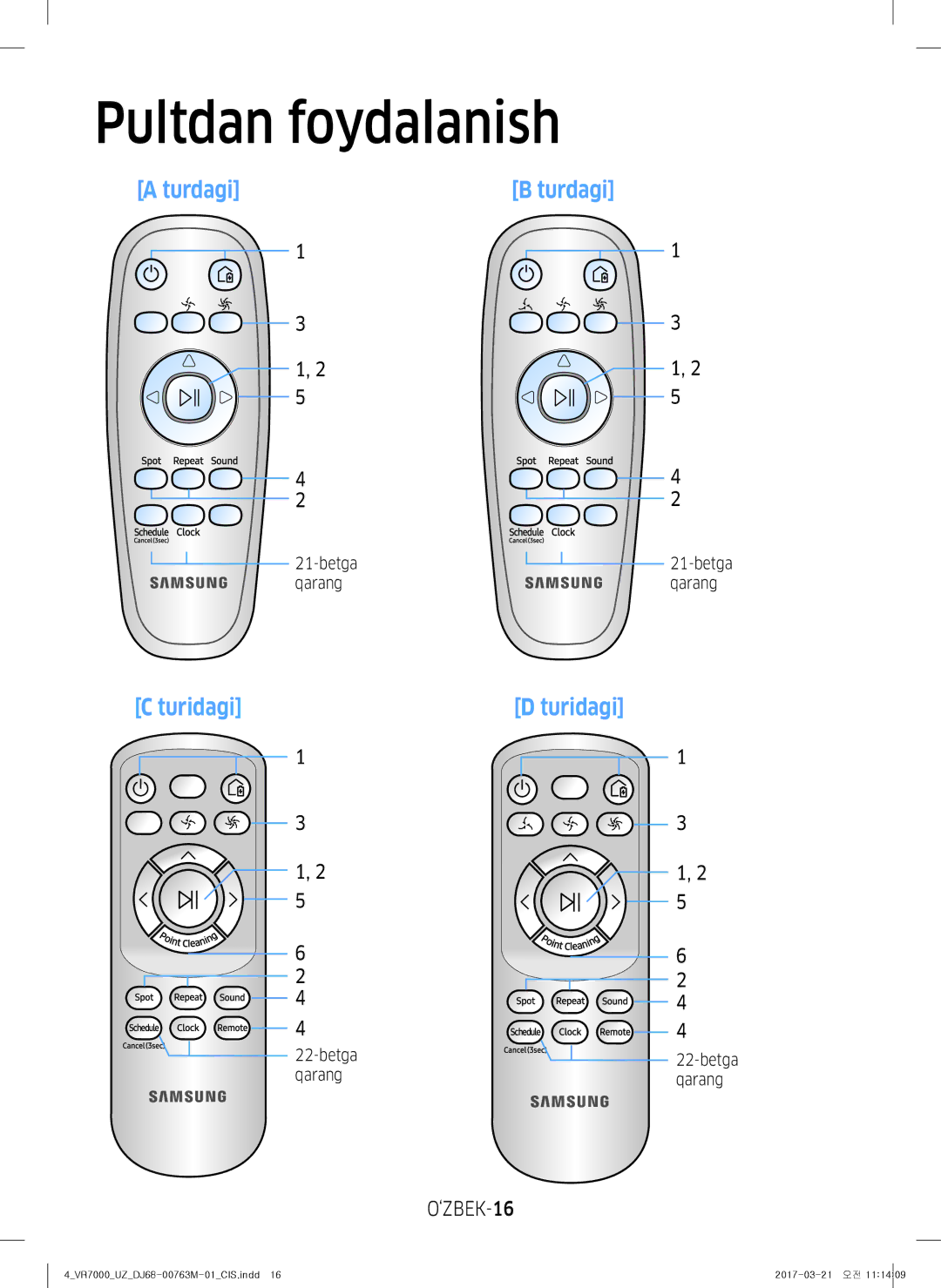 Samsung VR20M7050US/EV, VR20M7070WS/EV, VR10M7010UW/EV, VR10M7030WW/EV, VR10M7030WG/EV, VR20M7070WD/EV ‘ZBEK-16, Betga qarang 