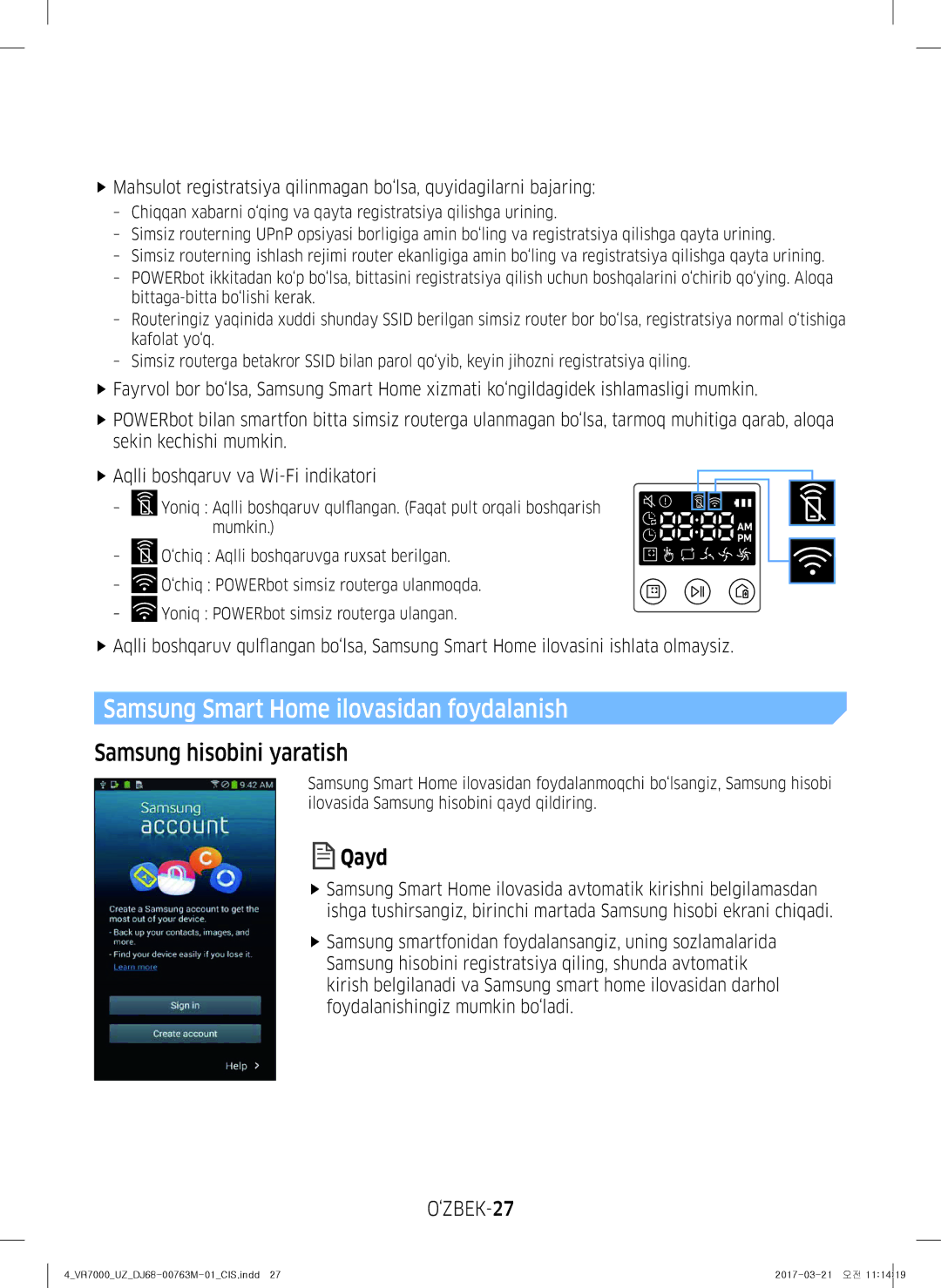 Samsung VR10M7030WG/EV, VR20M7070WS/EV, VR10M7010UW/EV, VR10M7030WW/EV Samsung Smart Home ilovasidan foydalanish, ‘ZBEK-27 