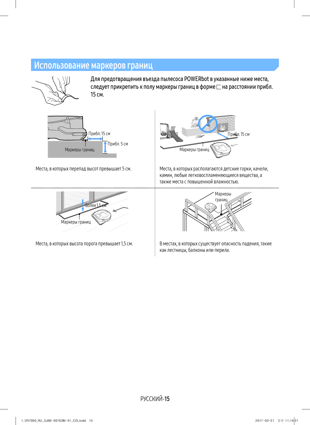 Samsung VR10M7030WG/EV manual Использование маркеров границ, РУССКИЙ-15, Места, в которых перепад высот превышает 5 см 