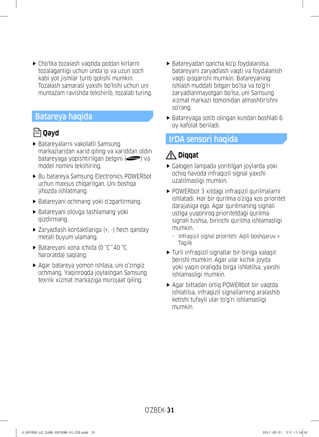 Samsung VR10M7010UW/EV, VR20M7070WS/EV, VR10M7030WW/EV manual ‘ZBEK-31, Infraqizil signal prioriteti Aqlli boshqaruv Taglik 