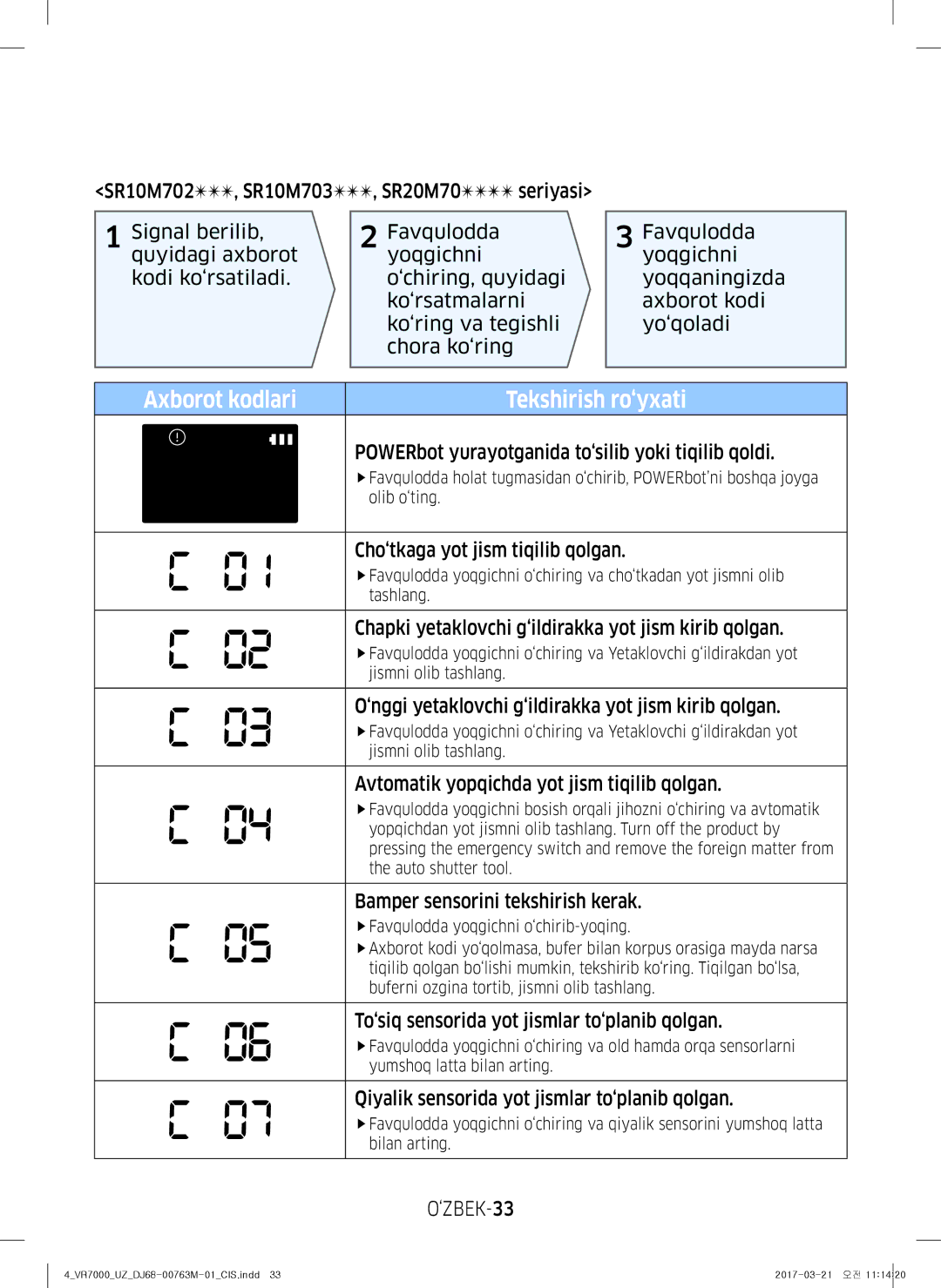 Samsung VR10M7030WG/EV, VR20M7070WS/EV, VR10M7010UW/EV, VR10M7030WW/EV, VR20M7050US/EV manual Axborot kodlari, ‘ZBEK-33 