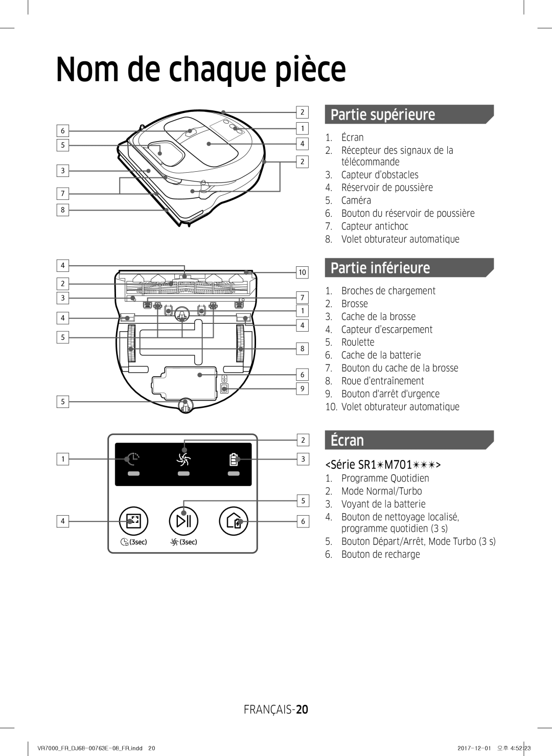 Samsung VR2FM7050US/EF, VR1FM7010UG/EF, VR2FM7070WD/EF Nom de chaque pièce, Partie supérieure, Partie inférieure, Écran 