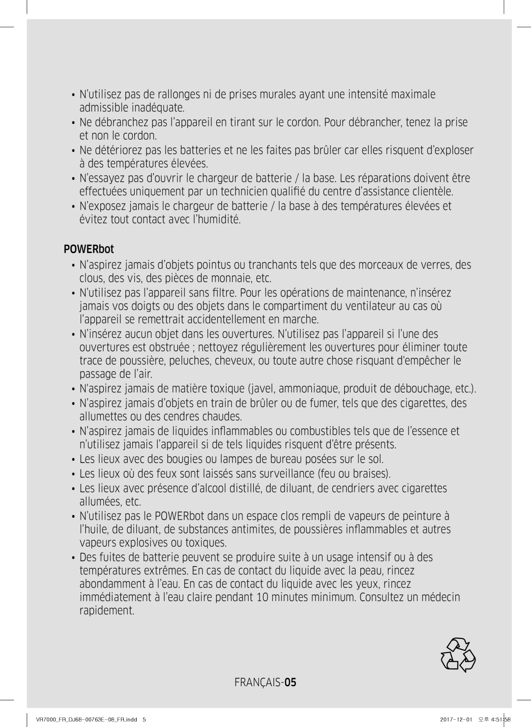 Samsung VR2FM7050US/EF, VR1FM7010UG/EF, VR2FM7070WD/EF, VR1FM7020UW/EF, VR1FM7030WB/EF manual FRANÇAIS-05 