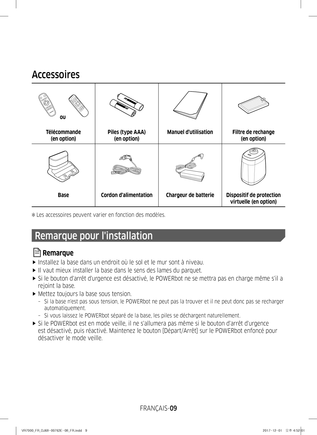 Samsung VR1FM7030WB/EF, VR2FM7050US/EF, VR1FM7010UG/EF Accessoires, Les accessoires peuvent varier en fonction des modèles 