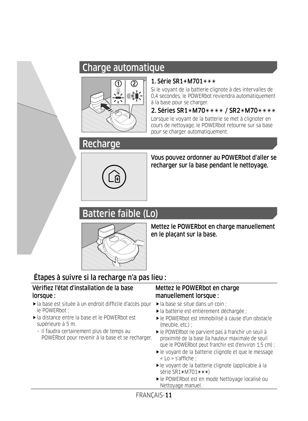 Samsung VR1FM7010UG/EF manual Série SR1M701, Séries SR1M70 / SR2M70, Vérifiez létat dinstallation de la base lorsque 