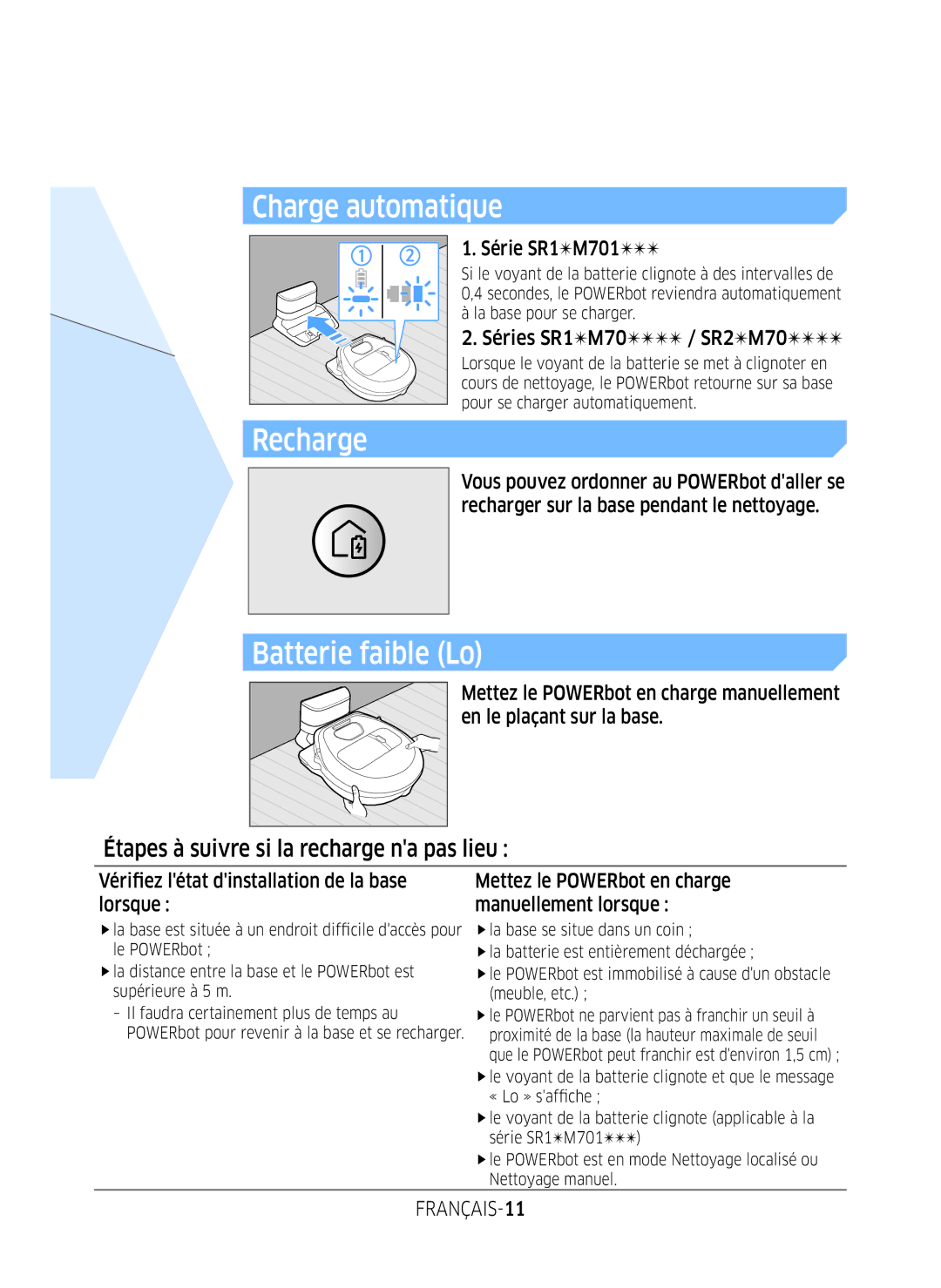 Samsung VR1FM7010UG/EF, VR2FM7050US/EF Étapes à suivre si la recharge na pas lieu, Série SR1M701, Séries SR1M70 / SR2M70 