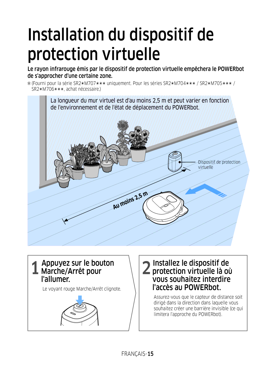 Samsung VR2FM7050US/EF manual Installation du dispositif de protection virtuelle, Le voyant rouge Marche/Arrêt clignote 