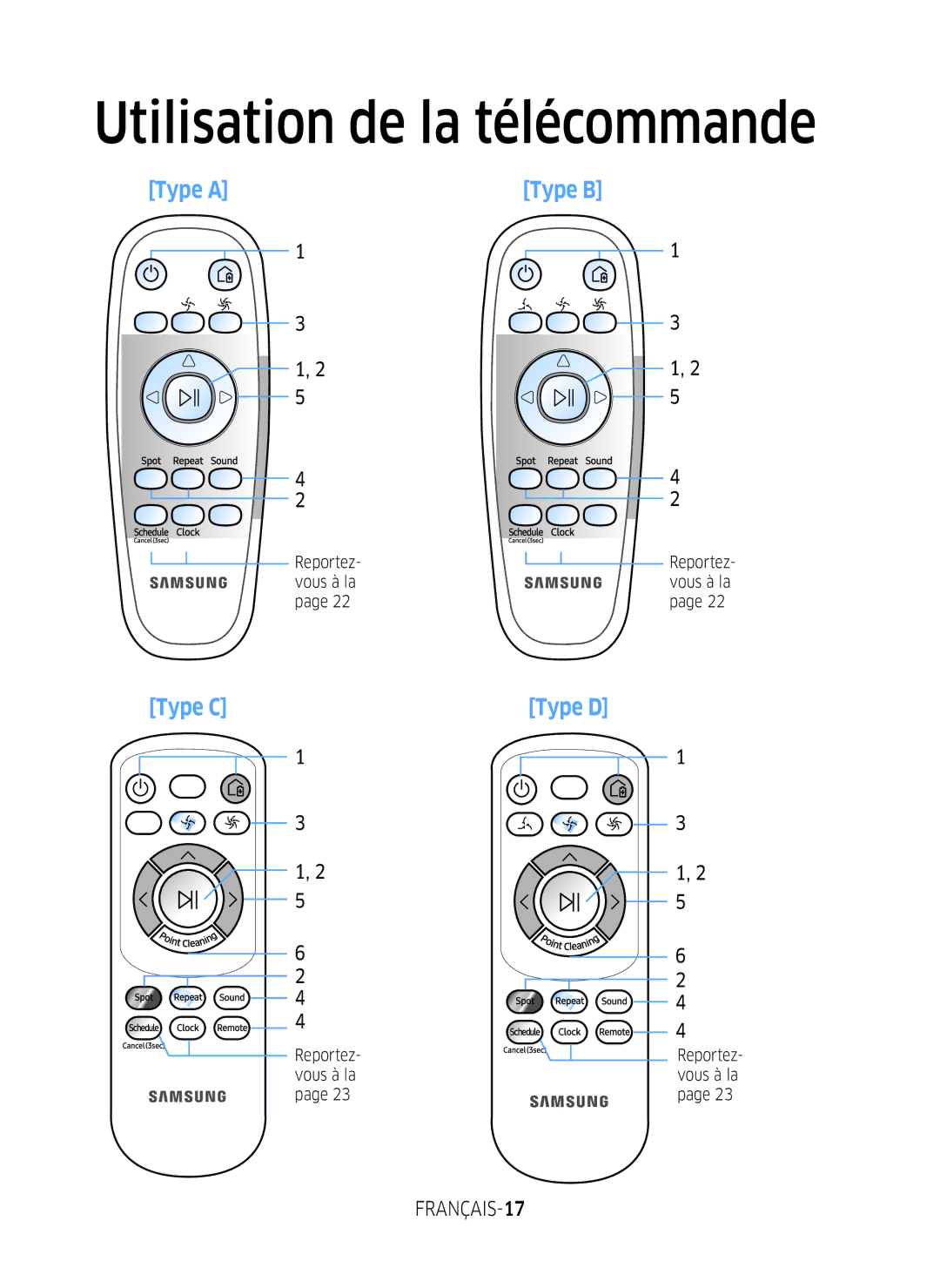 Samsung VR2FM7070WD/EF, VR2FM7050US/EF, VR1FM7010UG/EF, VR1FM7020UW/EF Utilisation de la télécommande, Reportez- vous à la 