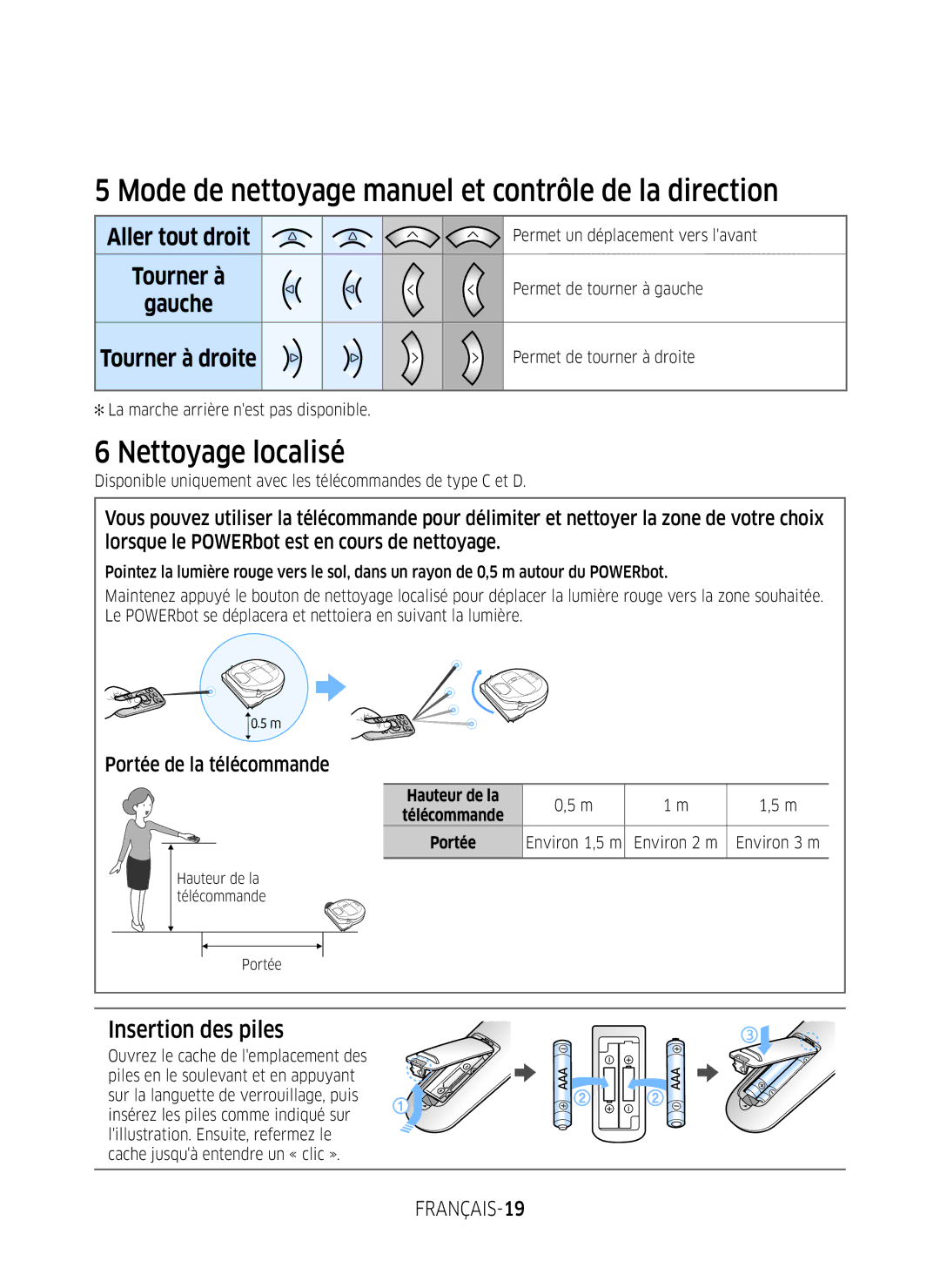 Samsung VR1FM7030WB/EF, VR2FM7050US/EF, VR1FM7010UG/EF, VR2FM7070WD/EF manual Insertion des piles, Portée de la télécommande 