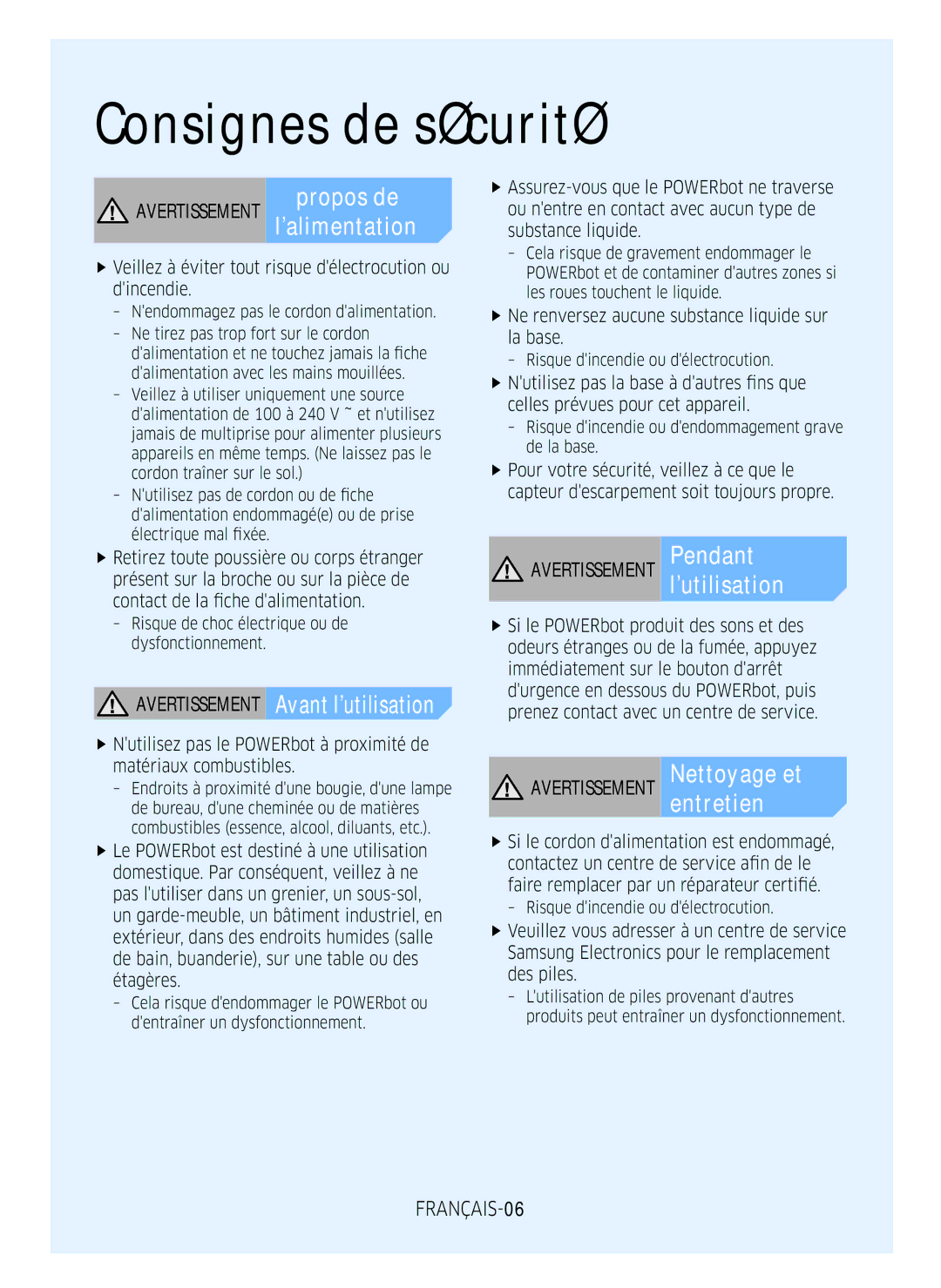 Samsung VR1FM7010UG/EF, VR2FM7050US/EF manual Lalimentation, Avertissement Avant lutilisation, Avertissement À propos de 