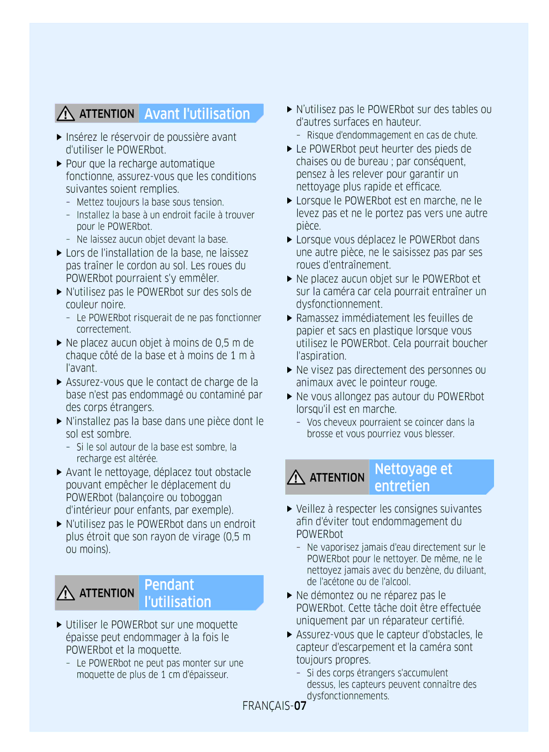 Samsung VR2FM7070WD/EF, VR2FM7050US/EF, VR1FM7010UG/EF manual Le POWERbot risquerait de ne pas fonctionner correctement 