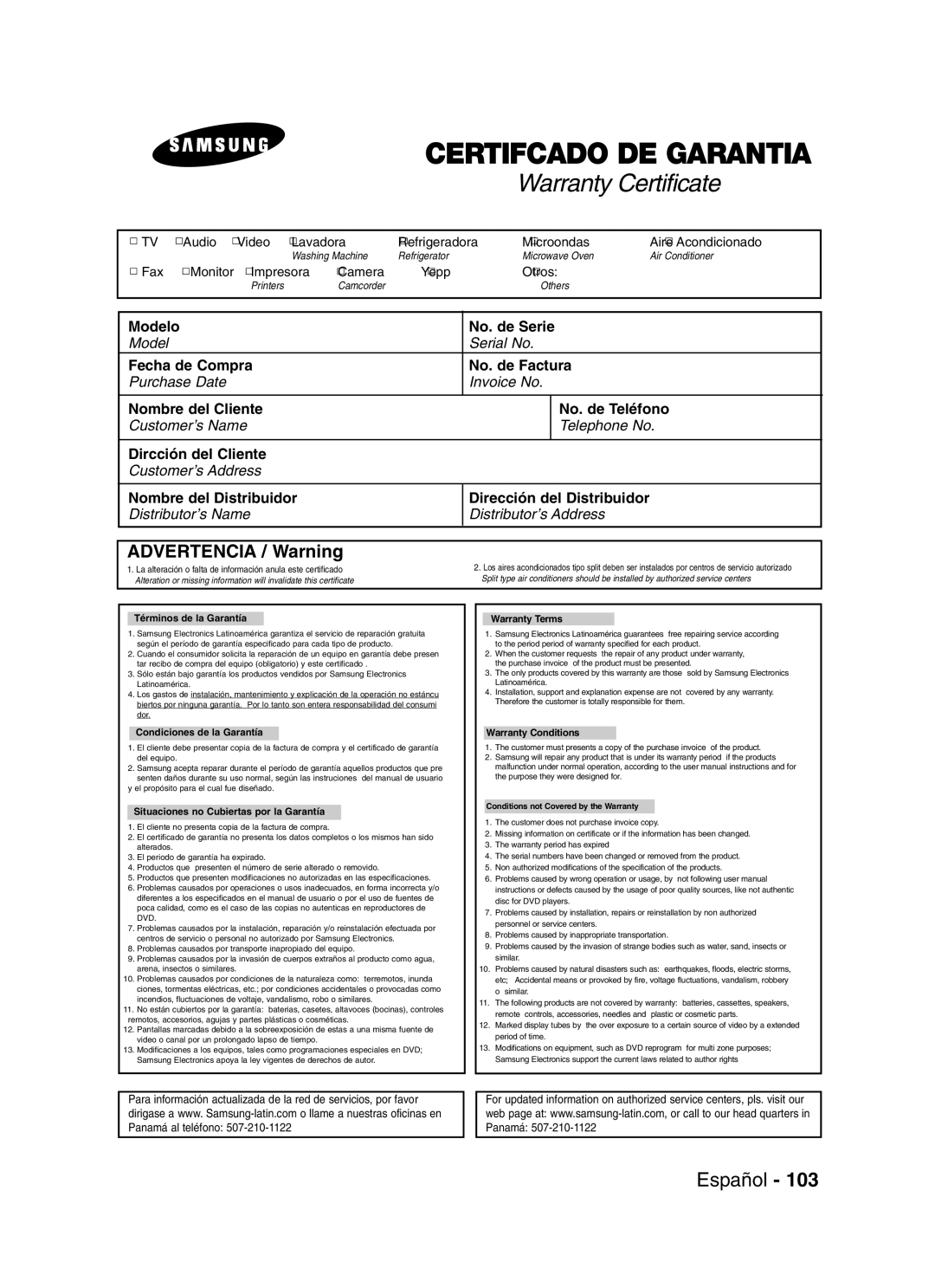 Samsung VR330 manual Advertencia / Warning, Audio Video Lavadora Refrigeradora Microondas, Fax Monitor Impresora 