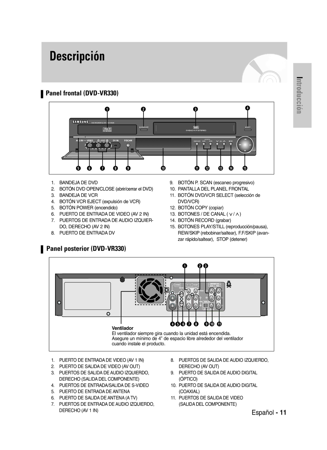 Samsung VR330 manual Botón DVD OPEN/CLOSE abrir/cerrar el DVD, Botón VCR Eject expulsión de VCR Botón Power encendido 