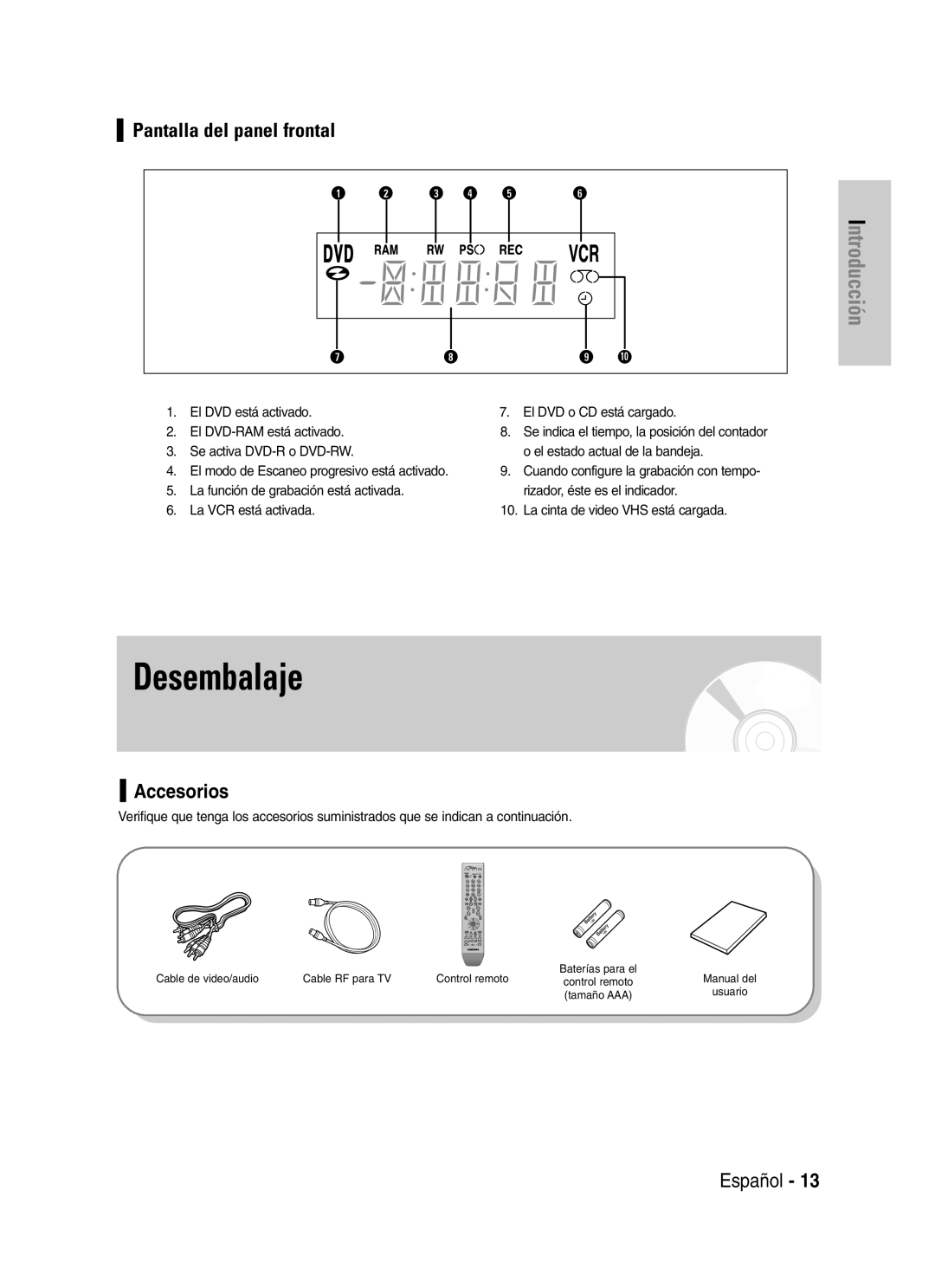 Samsung VR330 manual Desembalaje, Accesorios 