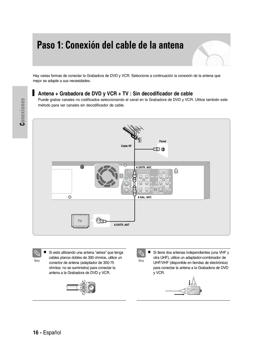 Samsung VR330 manual Paso 1 Conexión del cable de la antena 