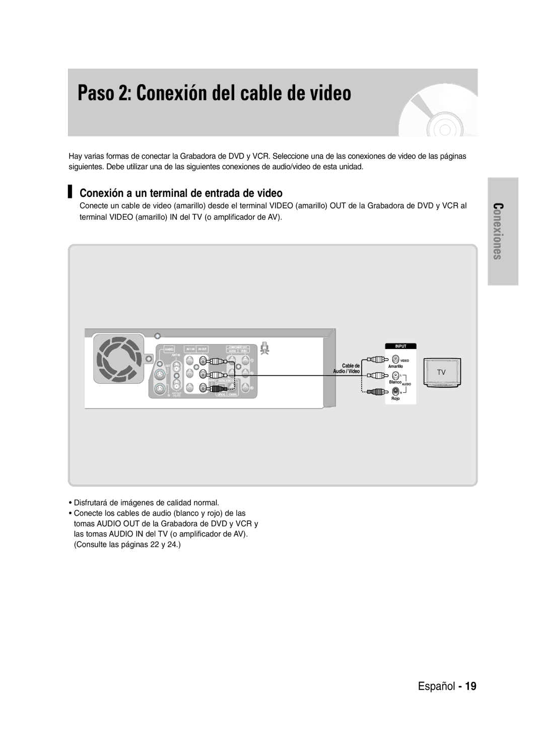 Samsung VR330 manual Paso 2 Conexión del cable de video, Conexión a un terminal de entrada de video 