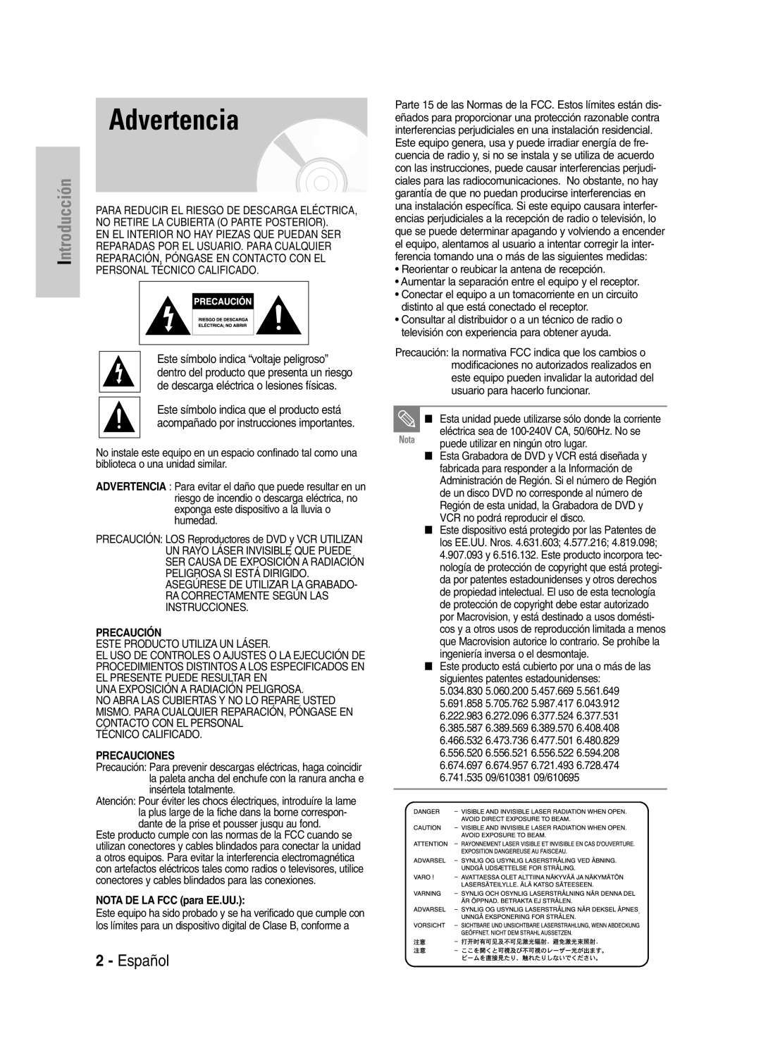 Samsung VR330 manual Advertencia, Nota DE LA FCC para EE.UU 