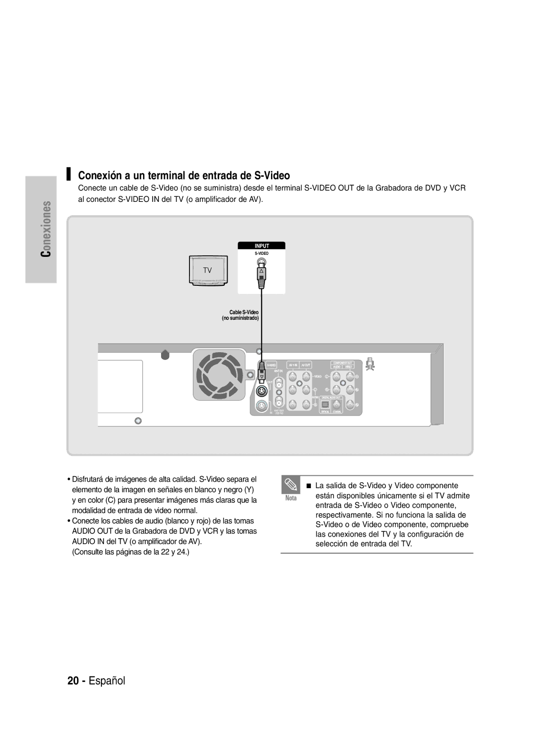 Samsung VR330 manual Conexión a un terminal de entrada de S-Video, Entrada de S-Video o Video componente 