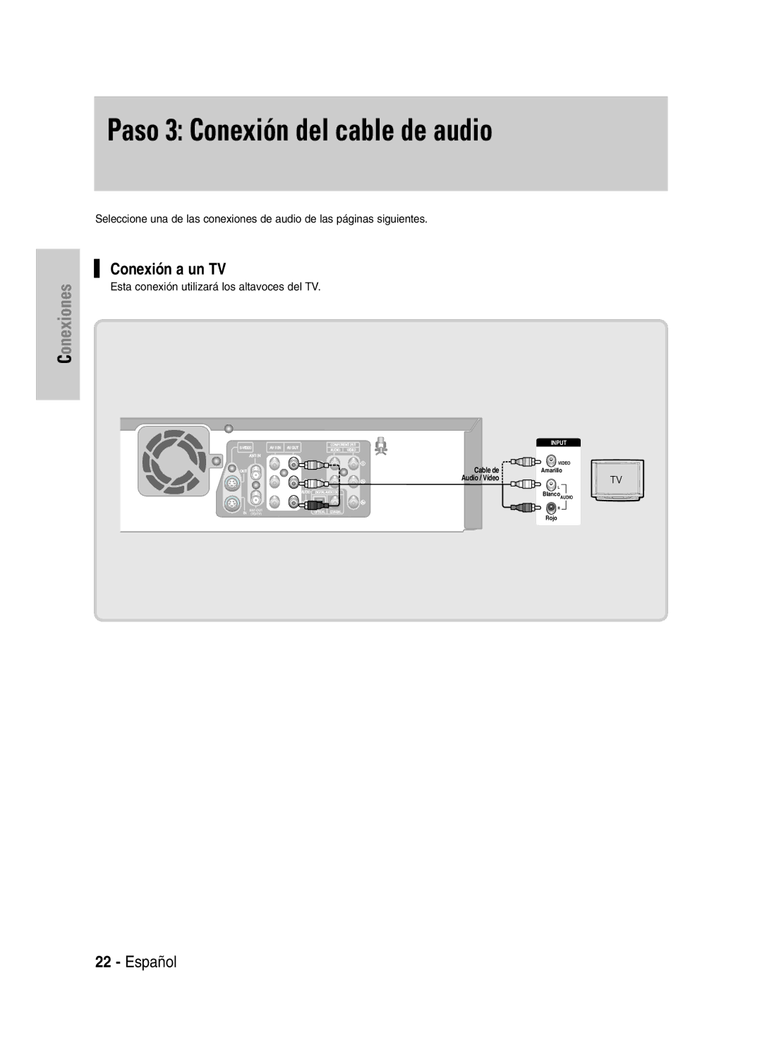 Samsung VR330 manual Paso 3 Conexión del cable de audio, Conexión a un TV, Esta conexión utilizará los altavoces del TV 