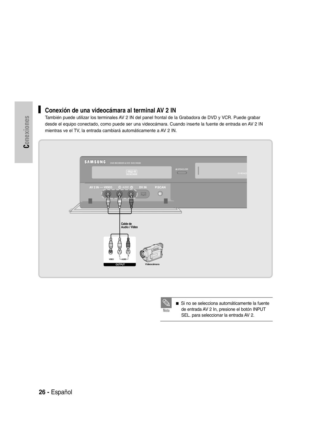 Samsung VR330 manual Conexión de una videocámara al terminal AV 2 