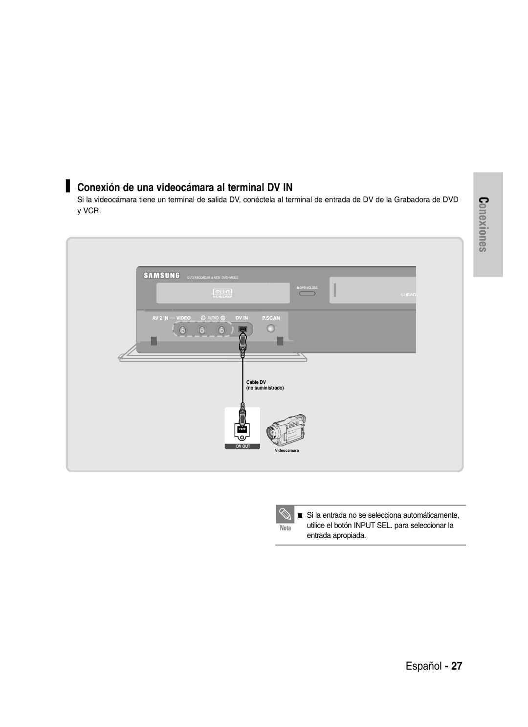 Samsung VR330 manual Conexión de una videocámara al terminal DV 