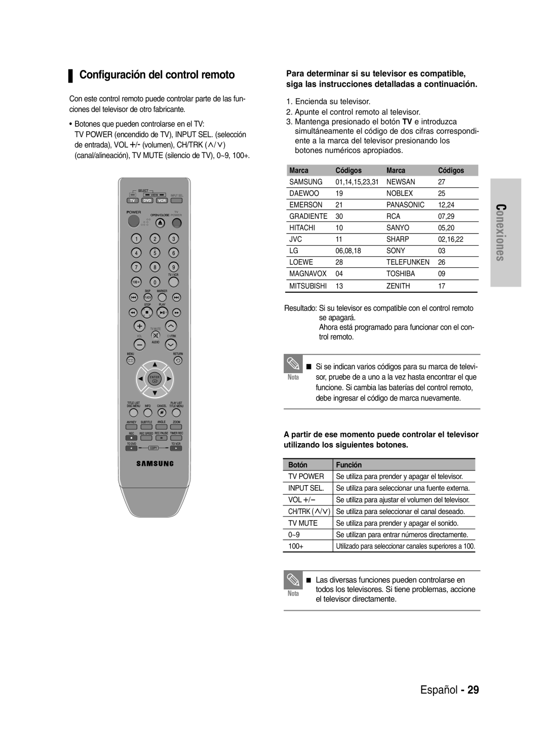 Samsung VR330 manual Configuración del control remoto, Marca Códigos 