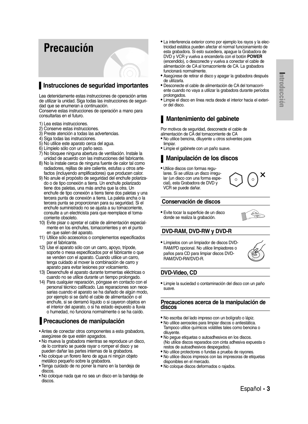 Samsung VR330 manual Precaución, Precauciones de manipulación, Mantenimiento del gabinete, Manipulación de los discos 