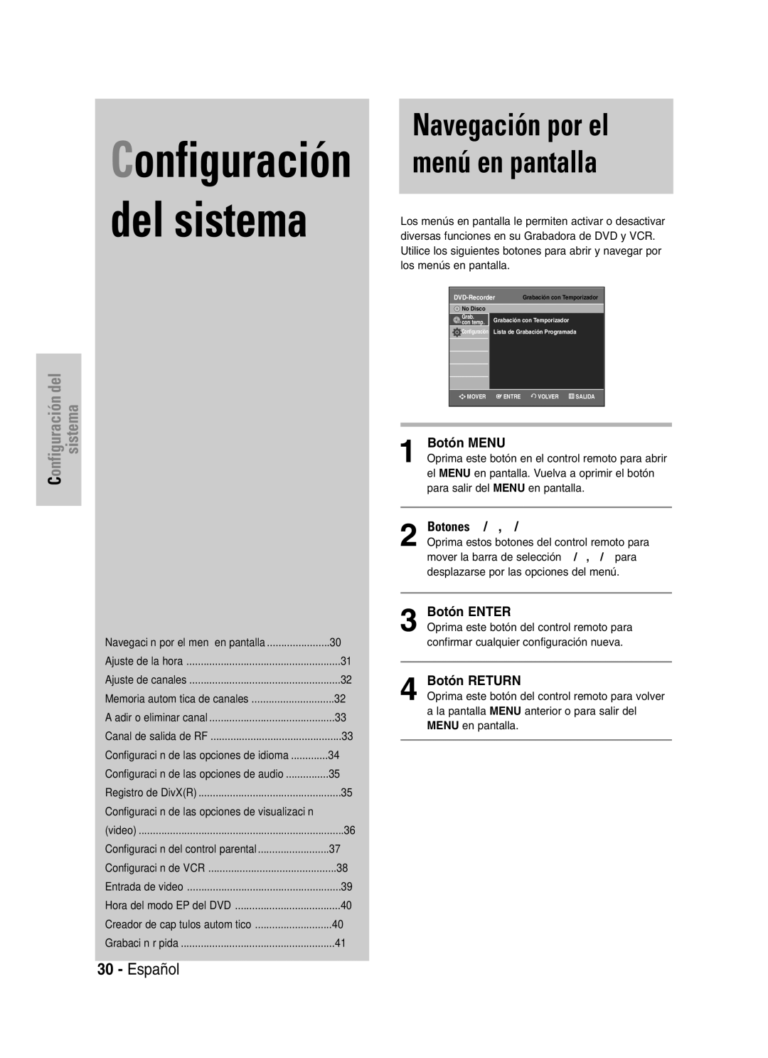 Samsung VR330 manual Navegación por el menú en pantalla, Botón Menu, Botón Enter, Botón Return 