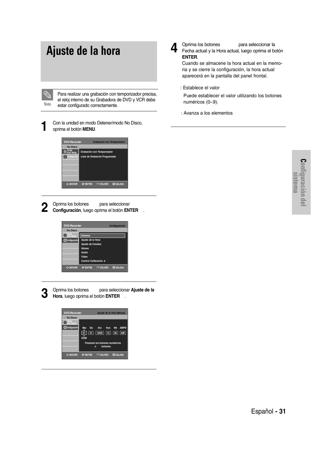 Samsung VR330 manual Ajuste de la hora, Oprima el botón Menu, Oprima los botones …† para seleccionar 