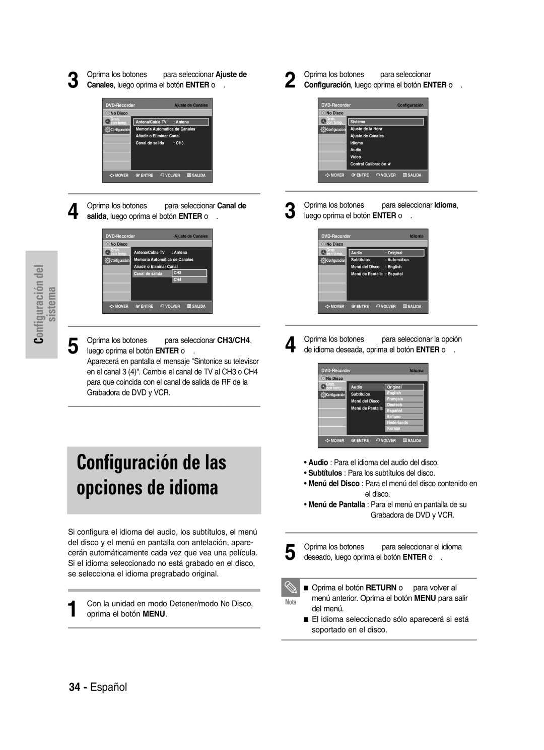 Samsung VR330 manual Salida, luego oprima el botón Enter o √, CH3/CH4, Oprima los botones …† para seleccionar Idioma 