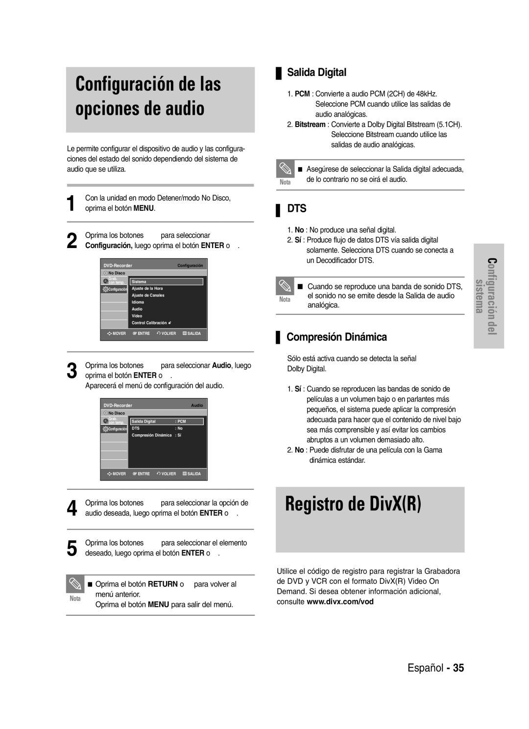 Samsung VR330 manual Registro de DivXR, Configuración de las opciones de audio, Salida Digital, Compresión Dinámica 