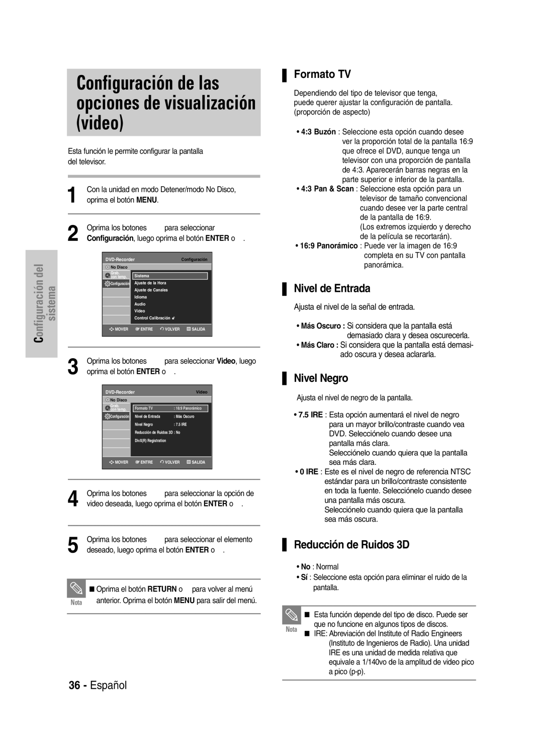 Samsung VR330 manual Formato TV, Nivel de Entrada, Nivel Negro, Reducción de Ruidos 3D, Oprima el botón Enter o √ 