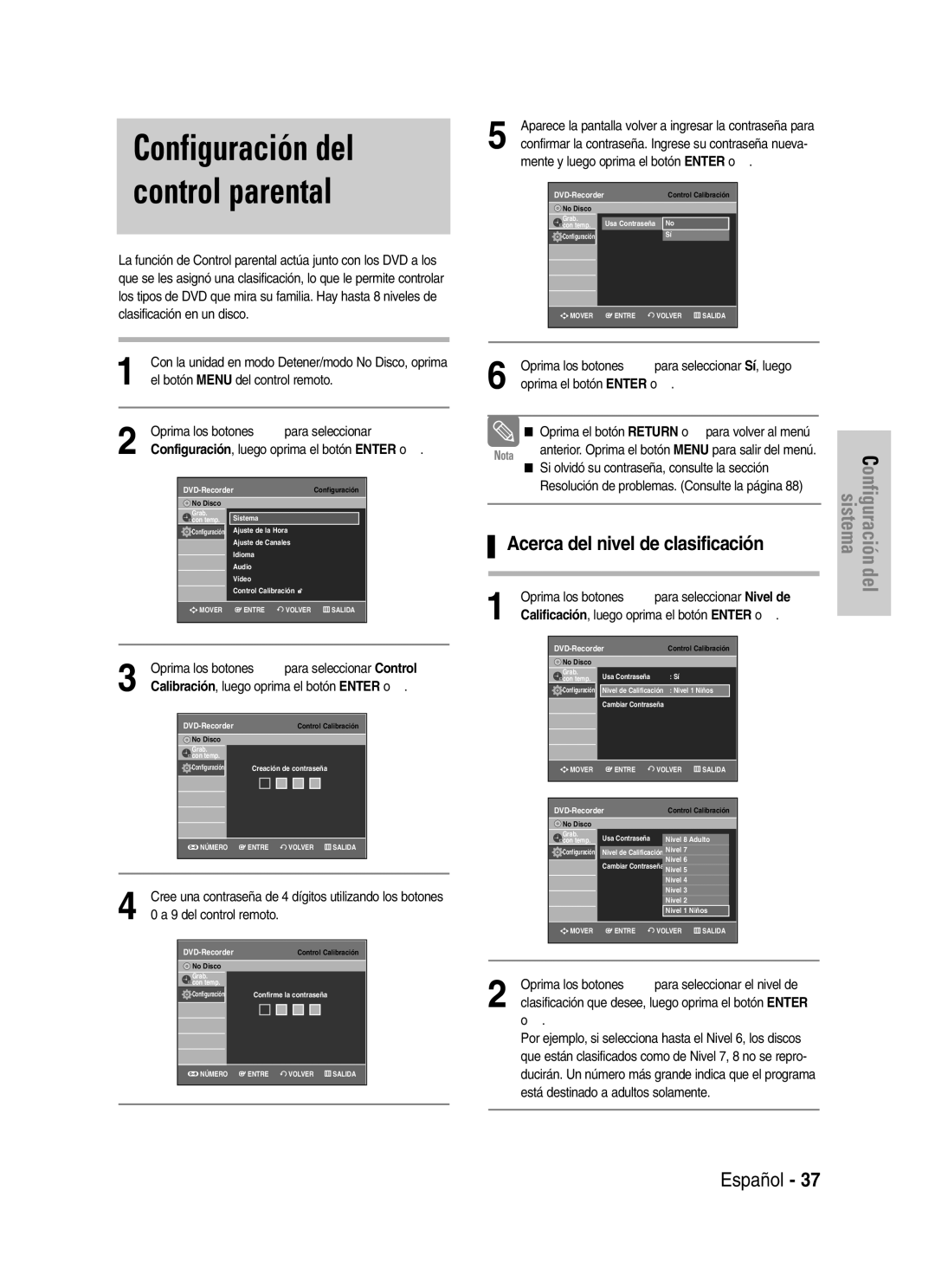 Samsung VR330 manual Configuración del control parental, Acerca del nivel de clasificación 