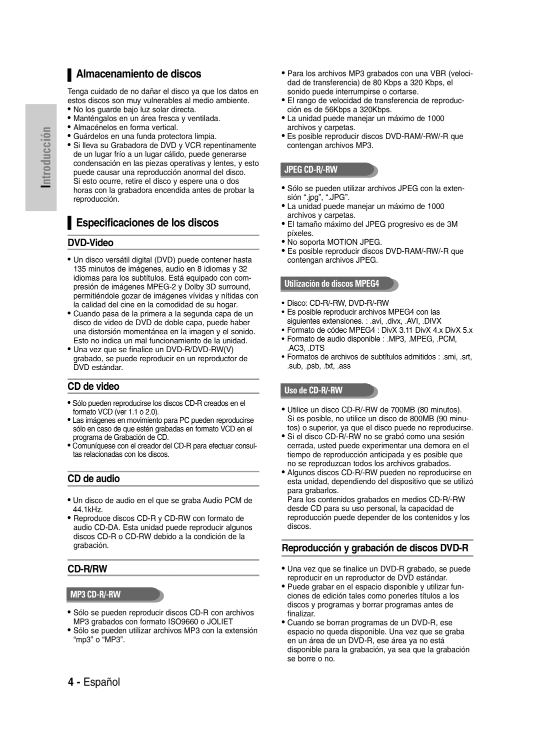 Samsung VR330 manual Almacenamiento de discos, Especificaciones de los discos 